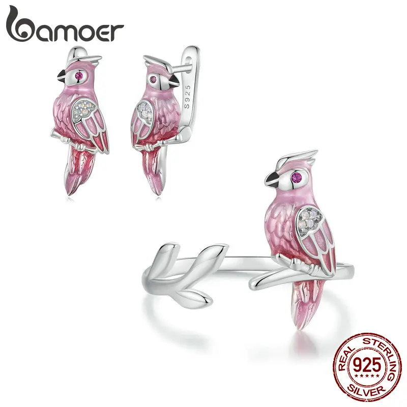 BAMOER 925 Sterling Silver Cute Parrot Ring & Earrings, White Gold Plated Nano Opal Bird Jewelry Statement Gift for Women BSR551