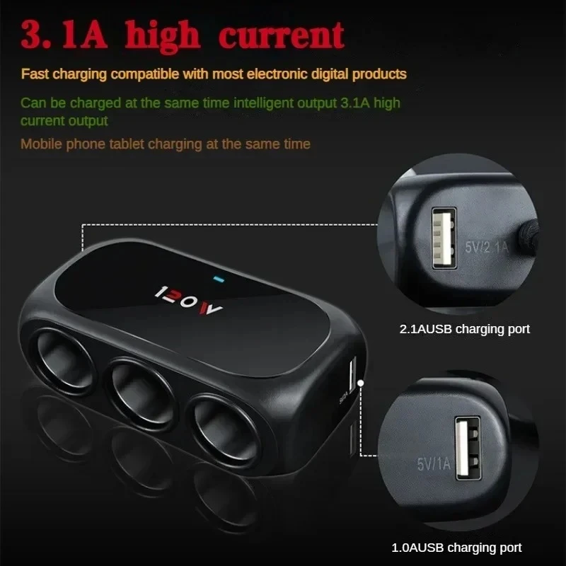 120W 3 in 1 듀얼 USB 소켓 차량용 시거잭 어댑터 12V 24V 분배기 LE..