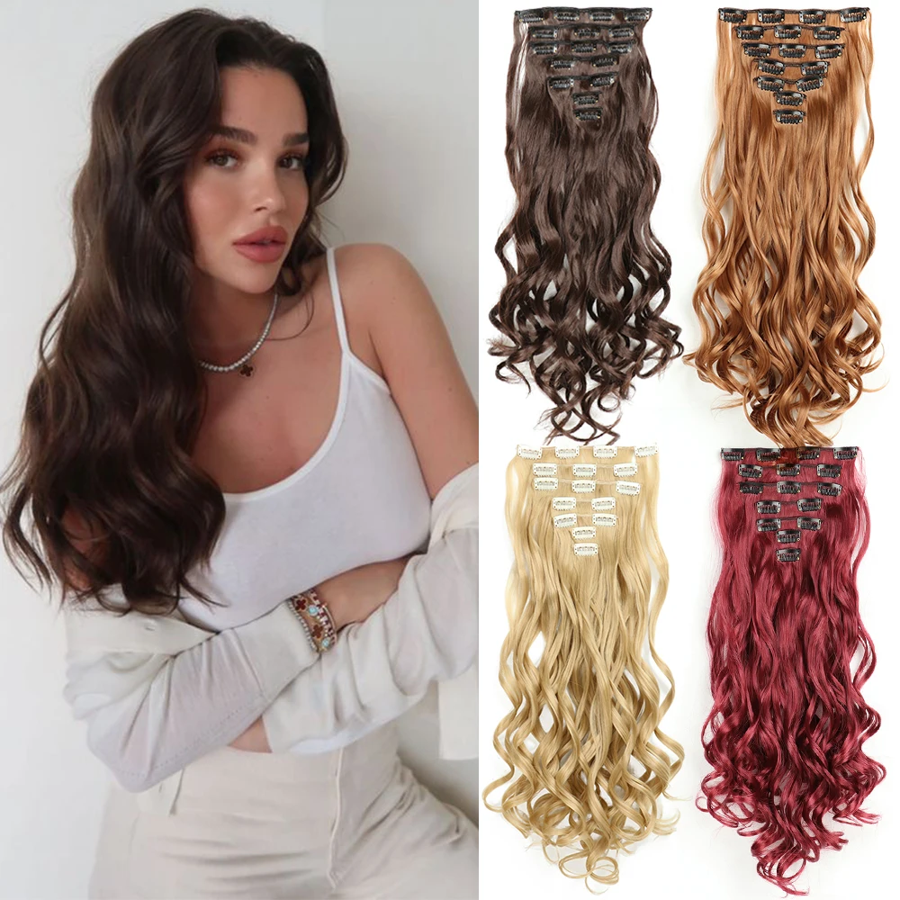 

16Clips Synthetic 24Inch Long Curly Hair Hairpiece Heat Resistant Hair Extension Clips In Ombre Black Brown Blond Women