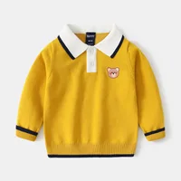 Autumn Toddler Boy Sweater Turn Down Collar Cartoon Embroidery Long Sleeve Baby Boy Pullover Loose Warm Striped Kid Boy Knitwear 3