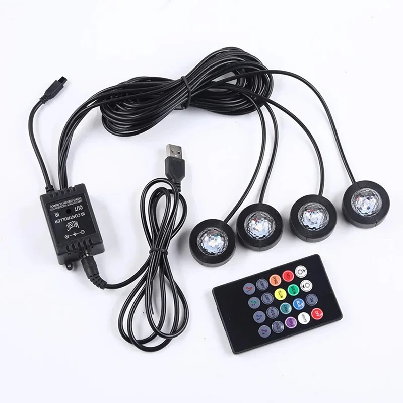 

Автомобильные внутренние фонари, 4 лампочки, пульт дистанционного управления, автомобильные фонари, разноцветная музыка, комплекты освещения под приборной панелью