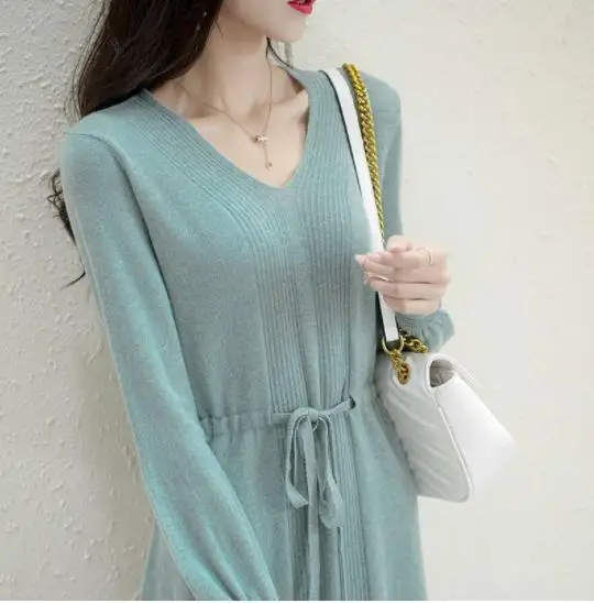 

Women's Sexy Dress Autumn Winter Korean V-neck Long Sleeve Midi Skirts 2022 Fashion New Elegant Solid Ladies Dress Streetswear
