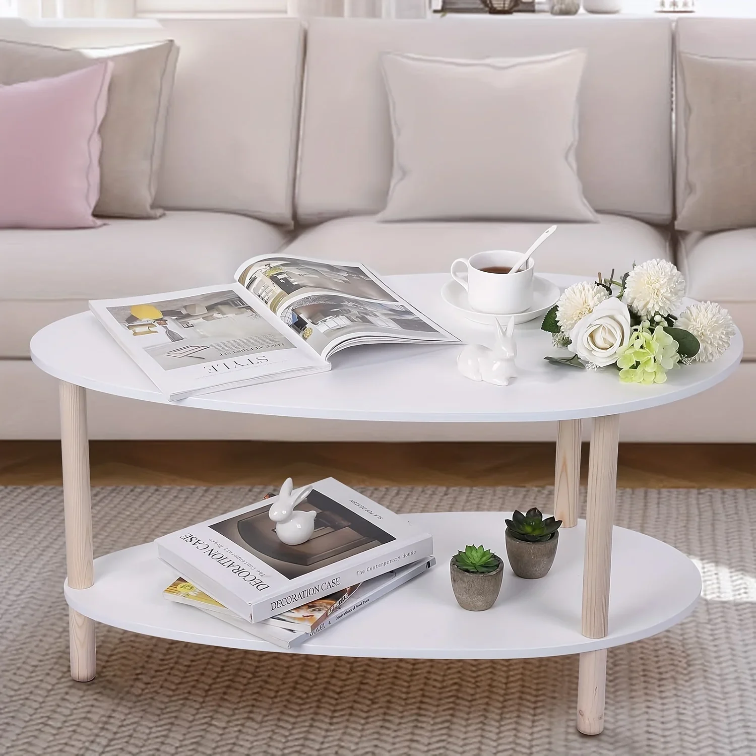 Oval Coffee Table, Small Wood Coffee Table For Living Room,