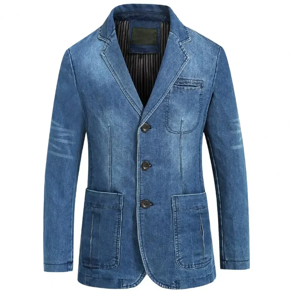 Male Suit Oversized Fashion Autumn Denim Blazer Solid Color Turndown Collar Single Breasted Slim Pockets Suit Coat Streetwear