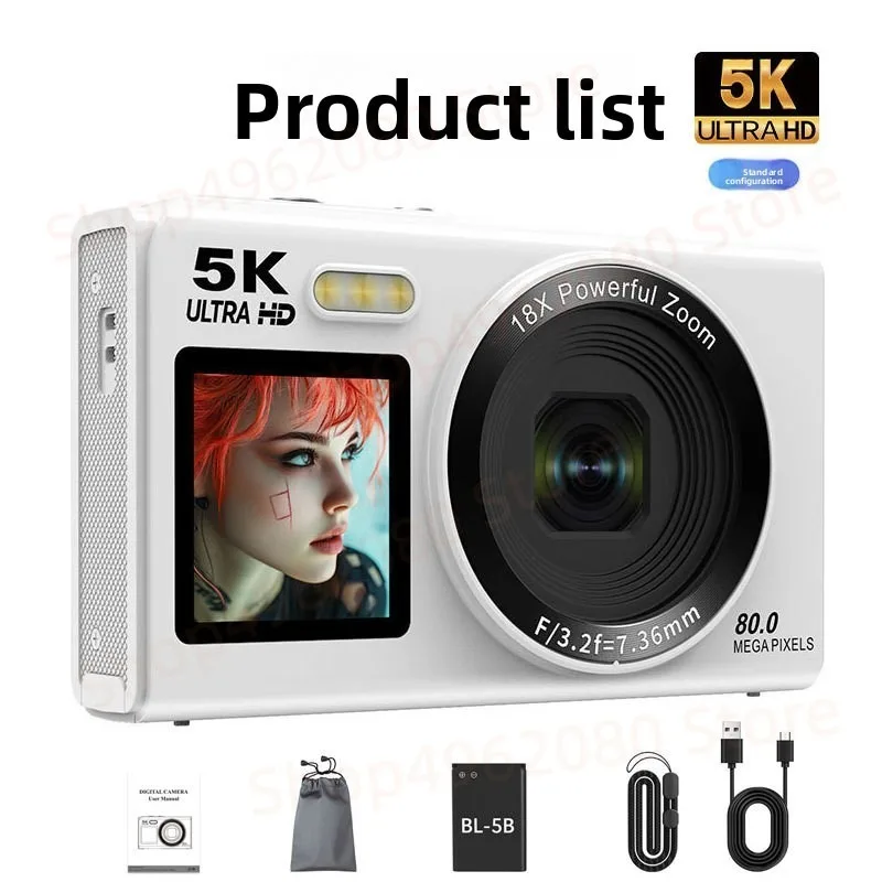 5K 듀얼 스크린 셀카 카메라, WiFi 리모컨, 80MP 18배 광학 줌, 휴대용 브이로그 캠코더 (유튜브, 여행, 학생용)