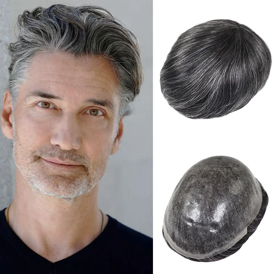 Human Hair Toupee 0.08-0.10MM Full Skin PU Men V Loop