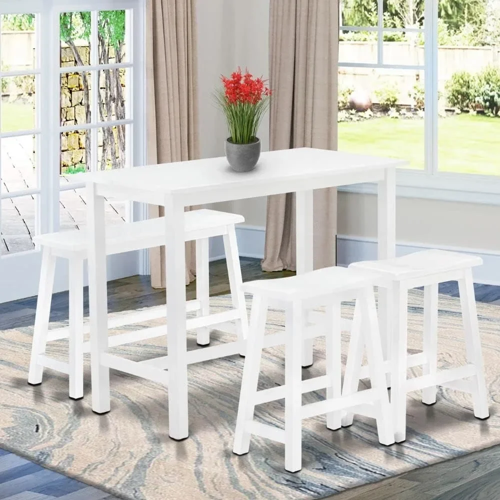 4Piece Modern Dining Table Set Includes a Rectangular Wooden Table and 2 Stools with a Bench,24x47 Inch,Wirebrushed Bright White