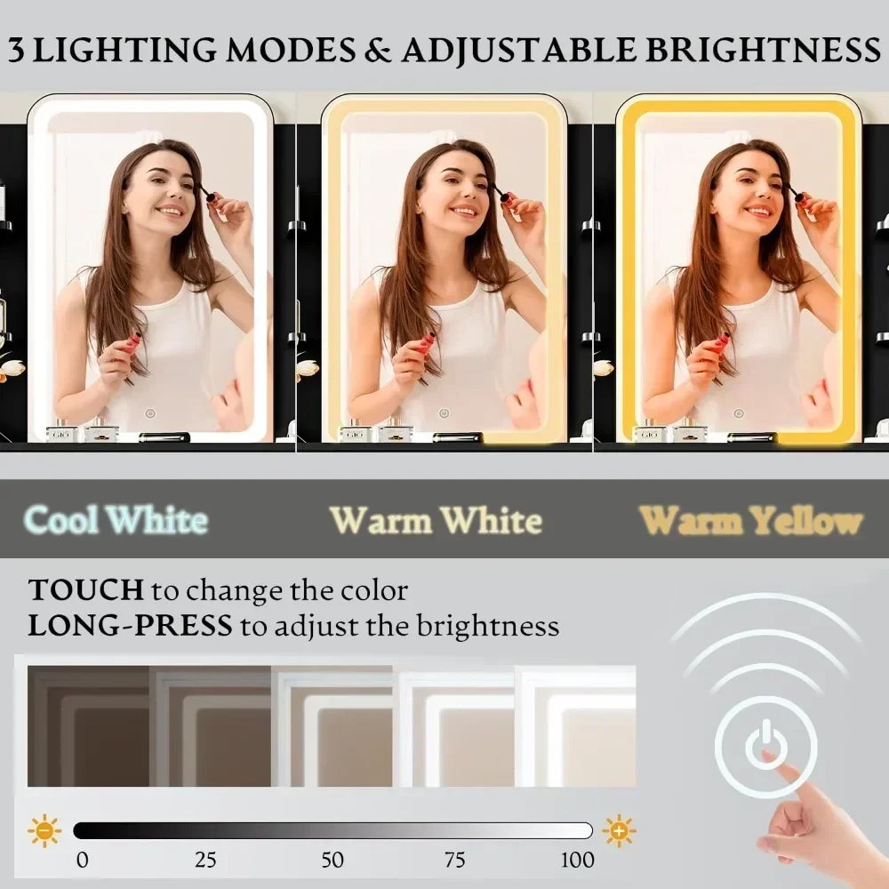 Compact LED-lit Makeup Vanity Table with Storage and Power Outlet, Featuring 3 Lighting Options and Chair