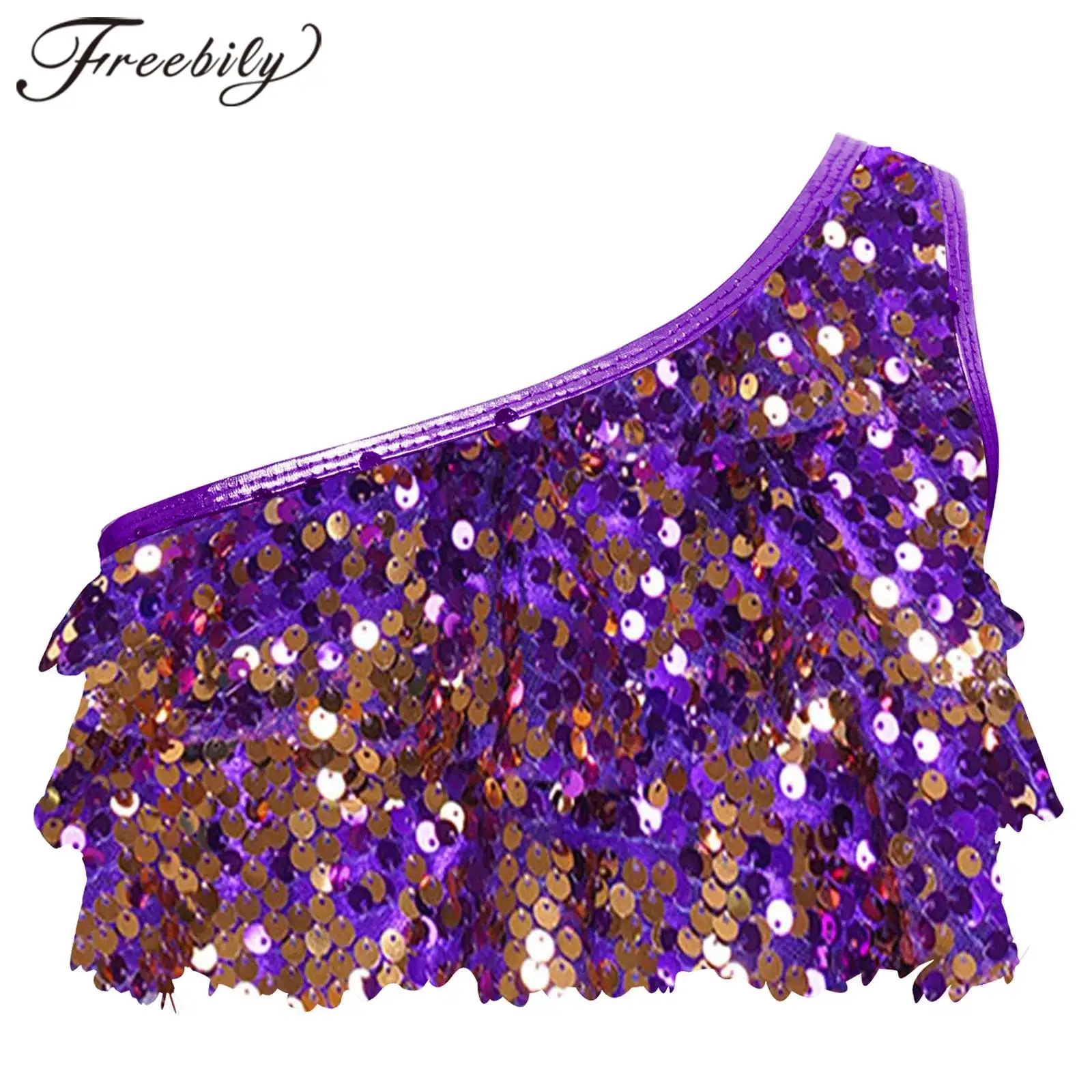 

Kids Jazz Dance Costume Shiny Sequins Sleeveless Crop Top Child Metallic One Shoulder Vest Tops for Girls Performance Dancewear