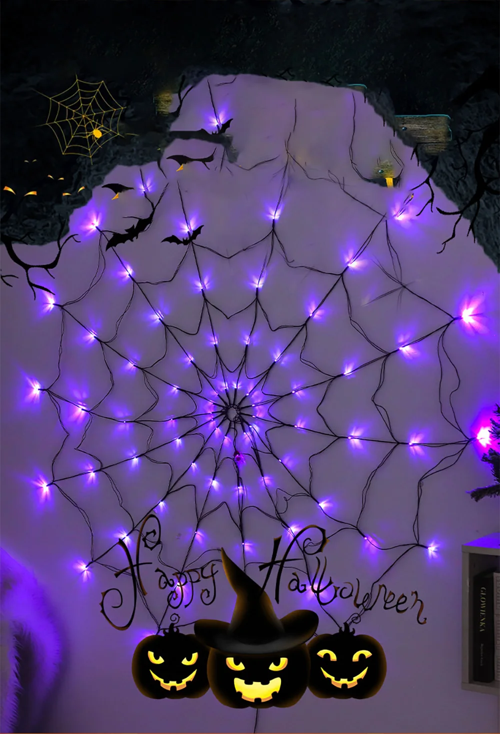 LED Halloween Spider Web Decoration-8 Modes Lights