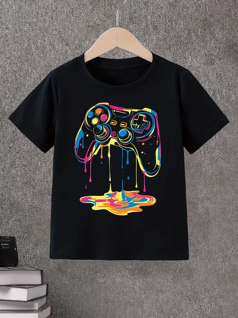 2025 Boys' Gaming Controller Graphic T-Shirt Vibrant Short Sleeve Tee Colorful Gamepad Design Summer Boys Kids Funny Clothes