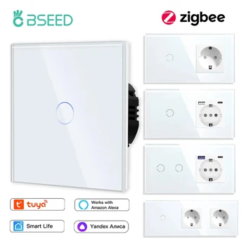 Bseed ZigBee 1/2/3Gang สวิตช์สัมผัสผนัง Tuya Smart Life Alexa Control PLUS EU ซ็อกเก็ตผนังพอร์ต USB Type-C ไม่มีรุ่นที่เป็นกลาง 1