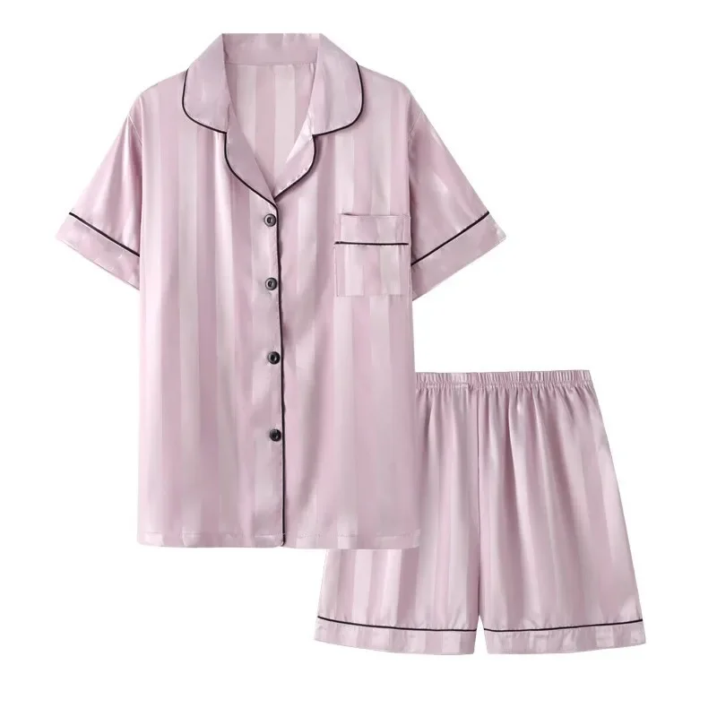 2Pcs Women Sleep Lounge Set Plus Size Seamless Satin Pajama Top & Short Set Striped Button Up Short Sleeve Shirt & Pants Pajamas women pajamas set,women pajama suit