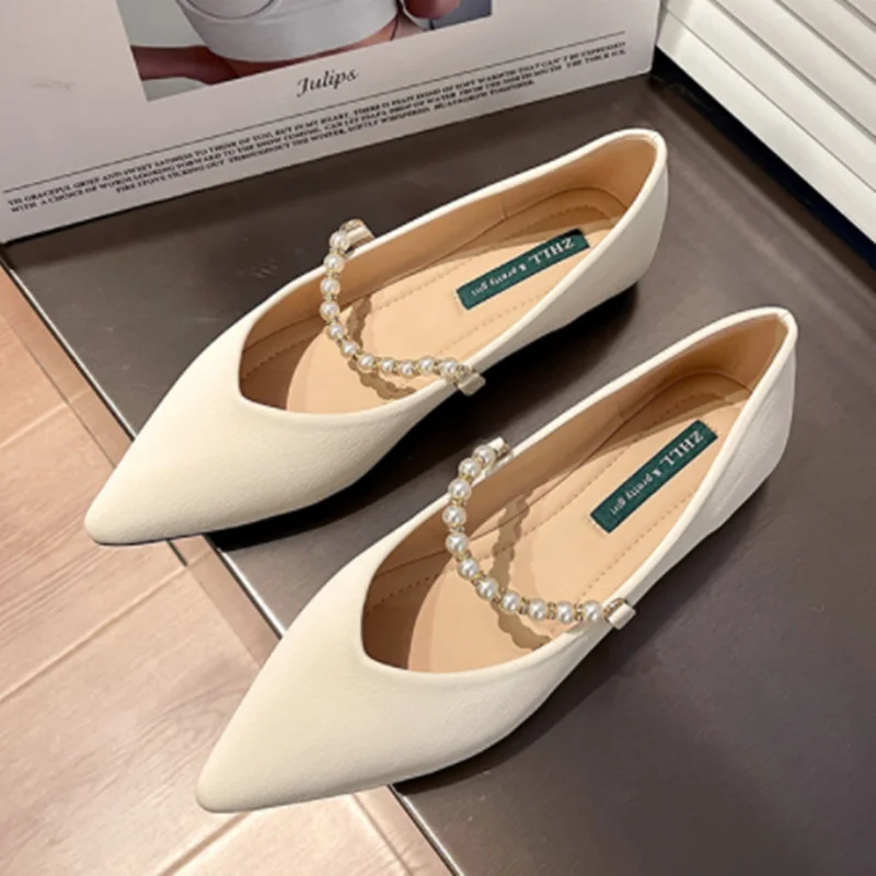 

Women Pearl Strap Mary Jane Flats Point Toe Soft Shoes Black Moccasin Wide Fits Slip-On 27cm 35-45 Retro OL Tacons For Lady 2023
