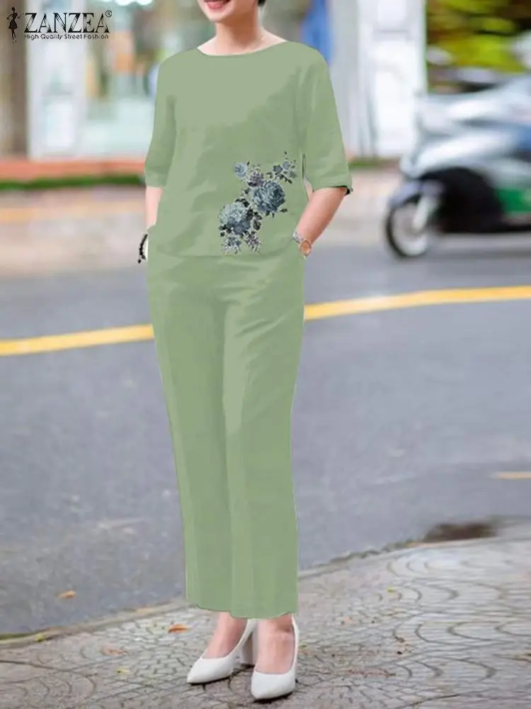 

Топ ZANZEA с коротким рукавом и цветочным принтом, женский брючный комплект, женские летние элегантные спортивные костюмы, повседневные костюмы из 2 предметов