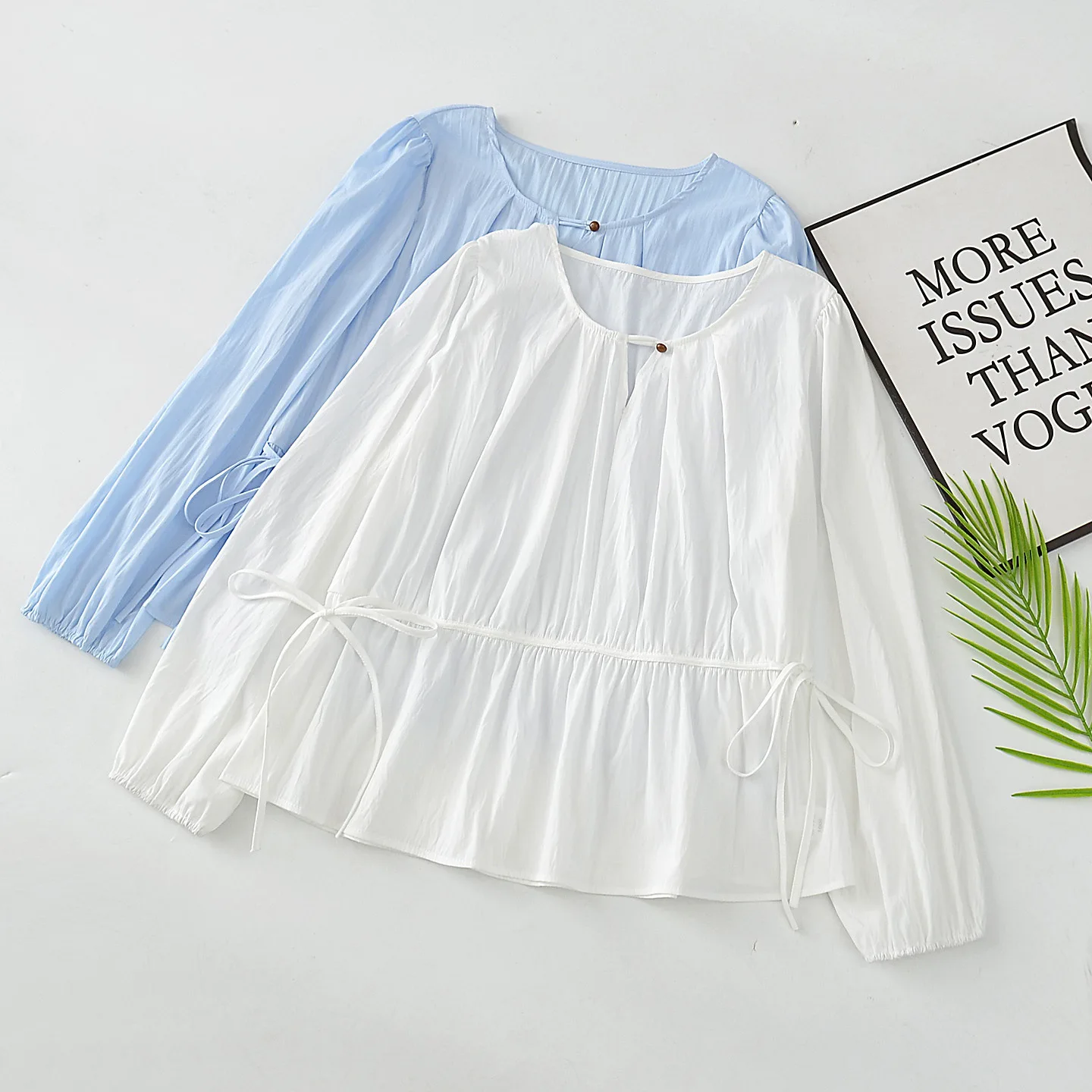 Plus Size Women's Blouses Autumn New Korean-style Stylish Drawstring Waist Long Sleeve Shirt 1009