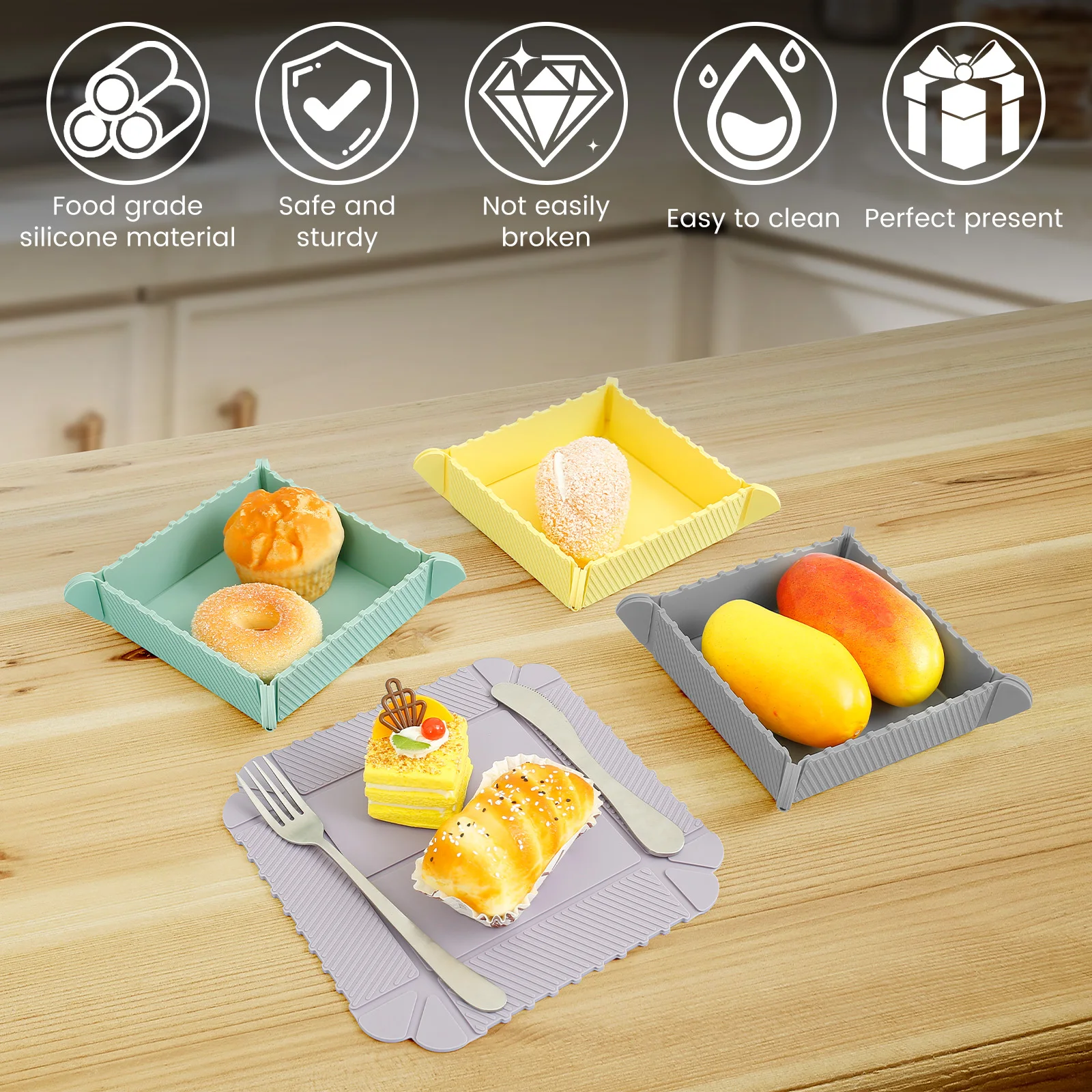 4PCS Silicone Camping Plates Portable Sturdy Dinner Plates Folding Silicone Easy to Clean Camping and Bowls Kit
