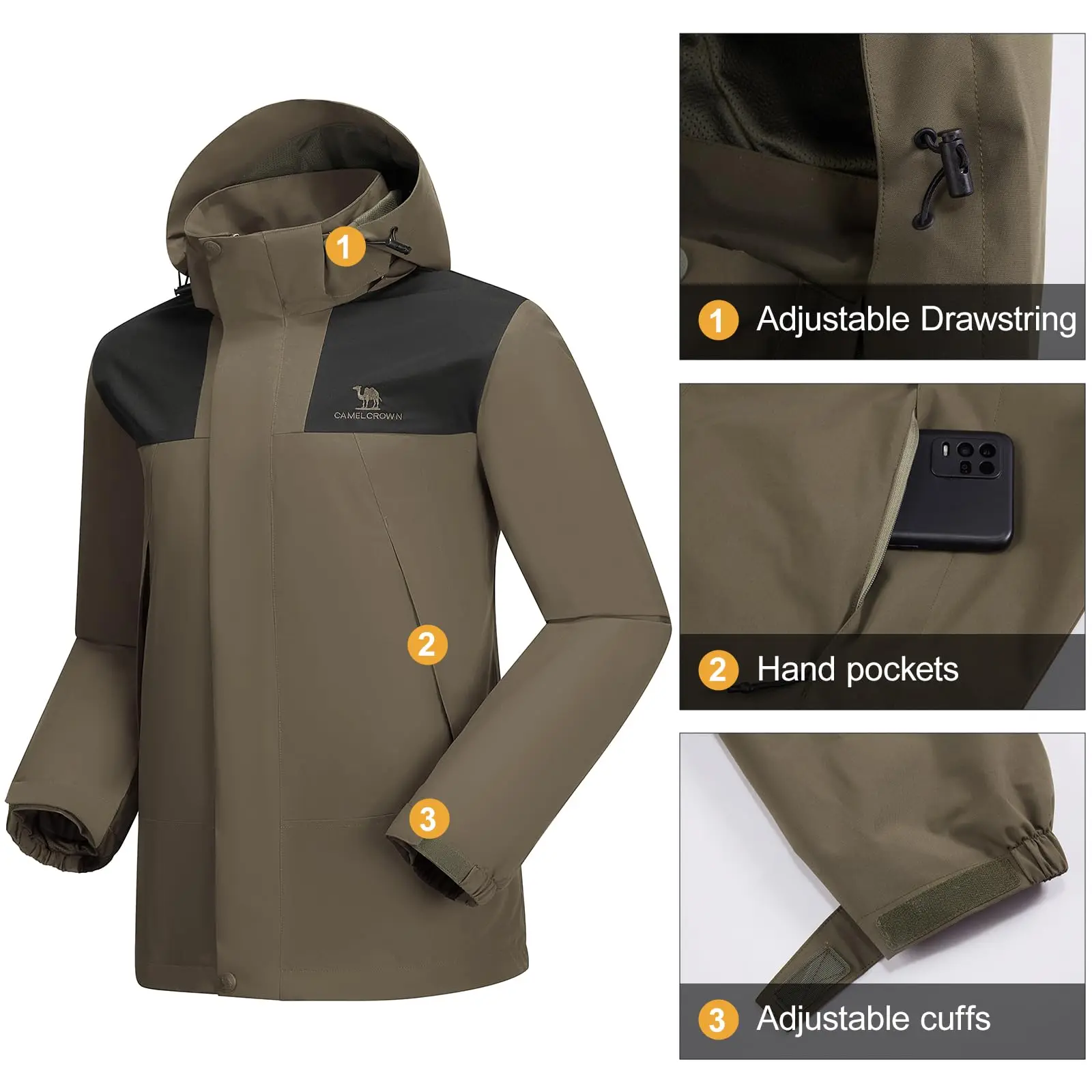 GOLDEN CAMEL Men's Rain Jackets Waterproof with Hood Lightweight Softshell Single Jackets Zip Up Windbreaker Jacket for Hiking hiking jackets,waterproof hiking jackets,waterproof jacket,waterproof coats,softshell jackets