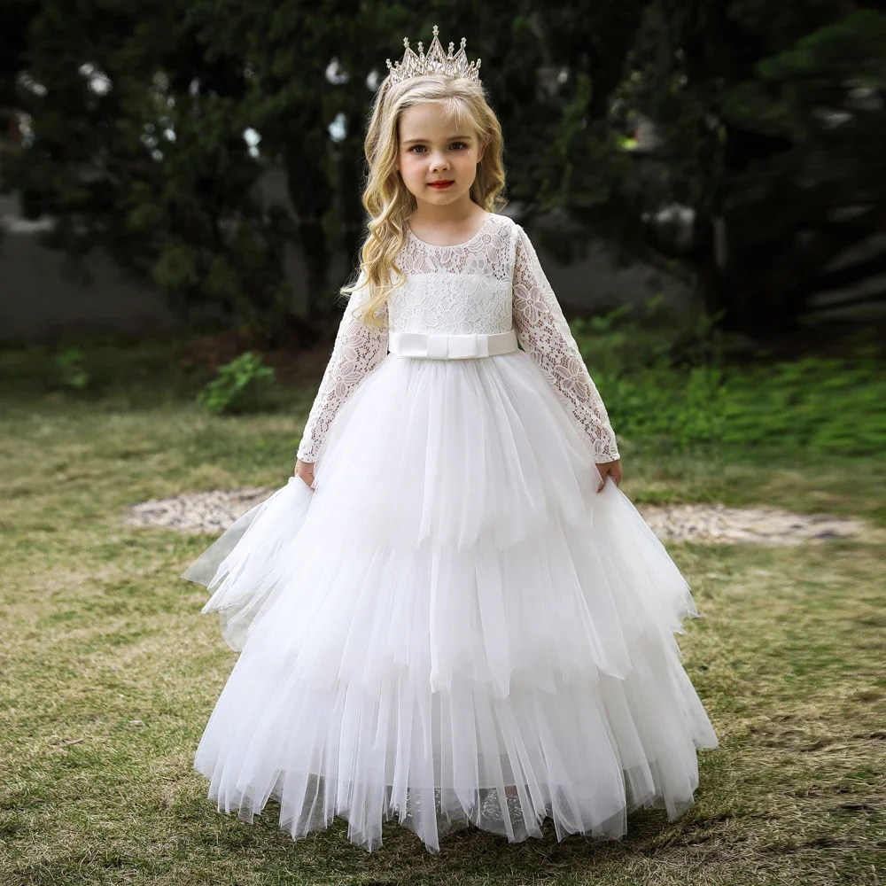 

Кружевные белые платья подружки невесты с длинным рукавом для девочек, детский Свадебный костюм, элегантное детское вечернее платье принцессы для девочек