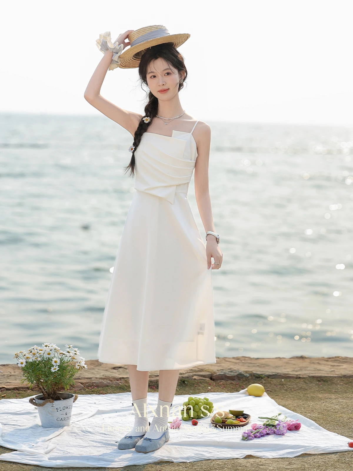 

ALXNAN Women's White Cami Dress 2024 Spring Summer Elegant Chic Sleeveless Draped Fitted Flared Midi Dress Female Clothes L33608