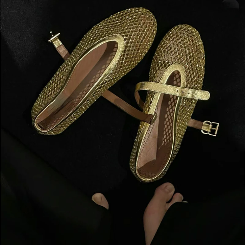 Zapatos de Ballet Mary Jane de malla para mujer, zapatos planos con hebilla y punta redonda, a la moda, Verano