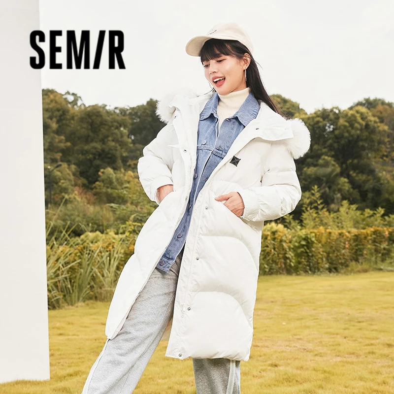 Semir Long Down Jacket Women Big Fur Collar Hooded Warm All-Match 2023 Winter New Loose Horn Button Jacket