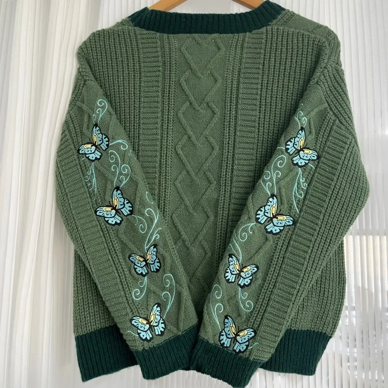 Dark Green Cardigan with Butterfly Embroidered Female Autumn Winter Letter Patch Knitted Cardigan Women 2024 New Sweaters Tops 2