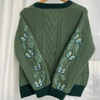 Dark Green Cardigan with Butterfly Embroidered Female Autumn Winter Letter Patch Knitted Cardigan Women 2024 New Sweaters Tops 2