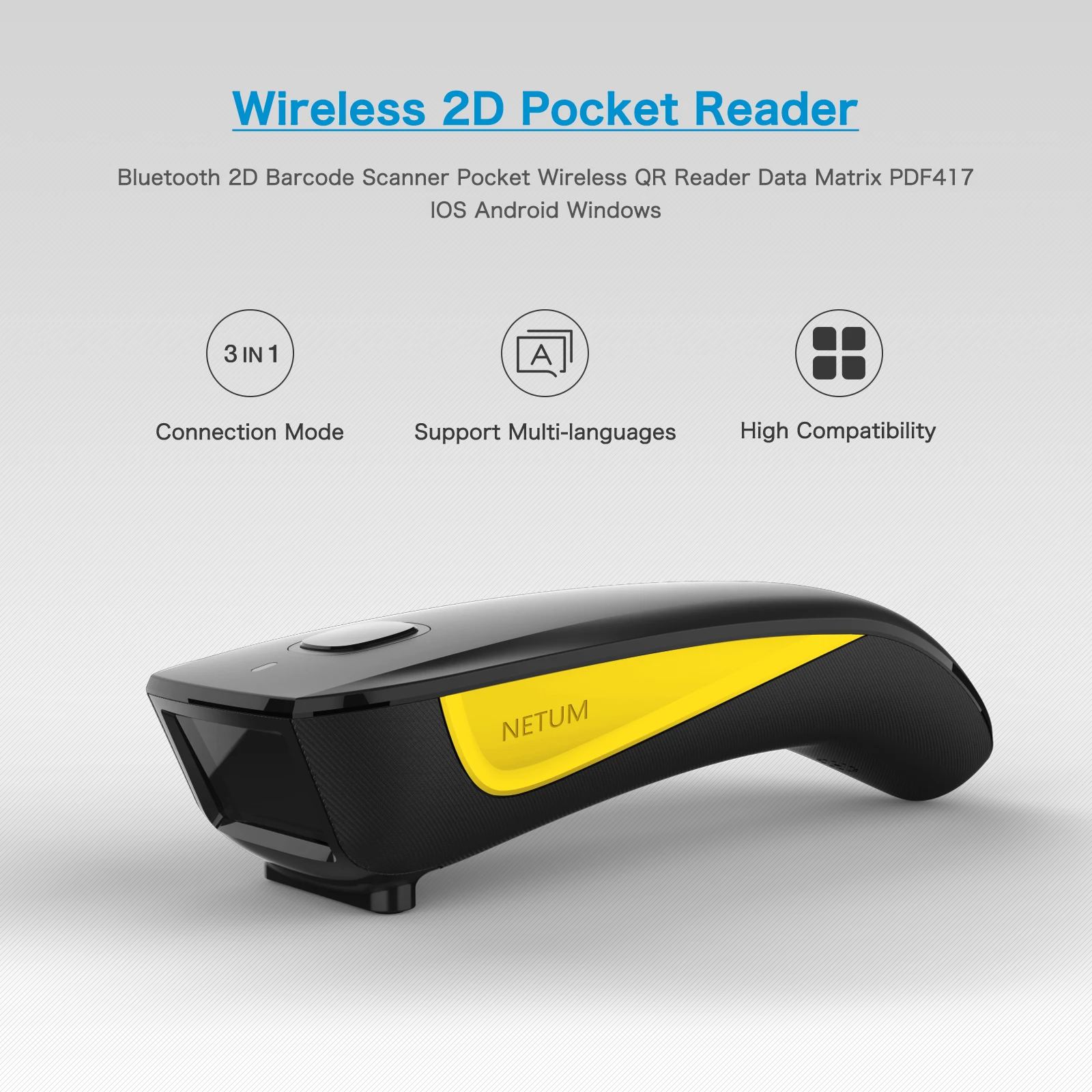 NETUM C990 Bluetooth 2D Barcode Scanner Pocket Wireless QR Reader Data Matrix PDF417 IOS Android Windows