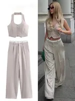 HH Women Fashion Solid Vest Pant Suit Single Breasted Halter Cropped Vests Top High Waist Patchwork Trouser Office Lady Sets