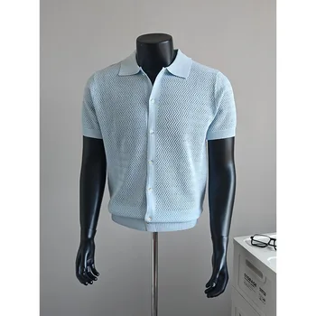 Cardigan Polo da Uomo in Misto Lino e Tencel, Manica Corta, Lavorazione Testurizzata, con Bottoni