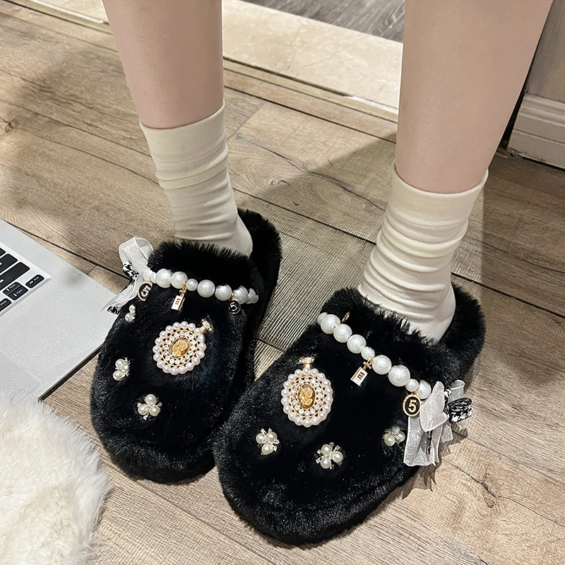 

Shoes For Women 35-41 Winter Thick-Soled Beaded Cotton Slippers Plush Warm Shoes British Comfortable Home Women's Slippers