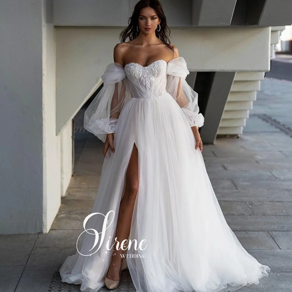 Sirene Beach Sweetheart Wedding Dress With High Side Split Detachable Sleeves Boho A-Line Bride Gown Backless Tulle Button Train