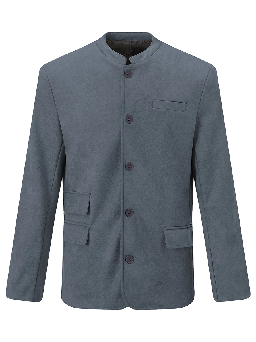 Men&rsquo;s Blazer Vintage Long Sleeve Stand Neck Button Closure Solid Business Jacket Casual Jacket