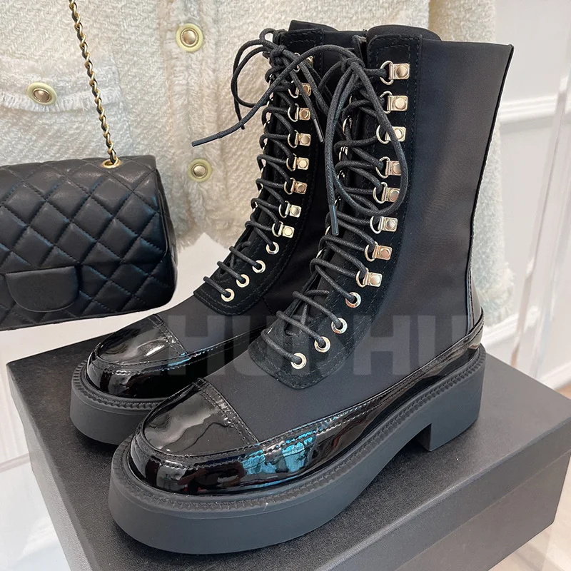 

Women Ankle Boots Autumn Winter 2023 New Mixed Color Upper Lace-Up Design Thick Bottom Round Toe Women Shoes Fashion Ankle Boots