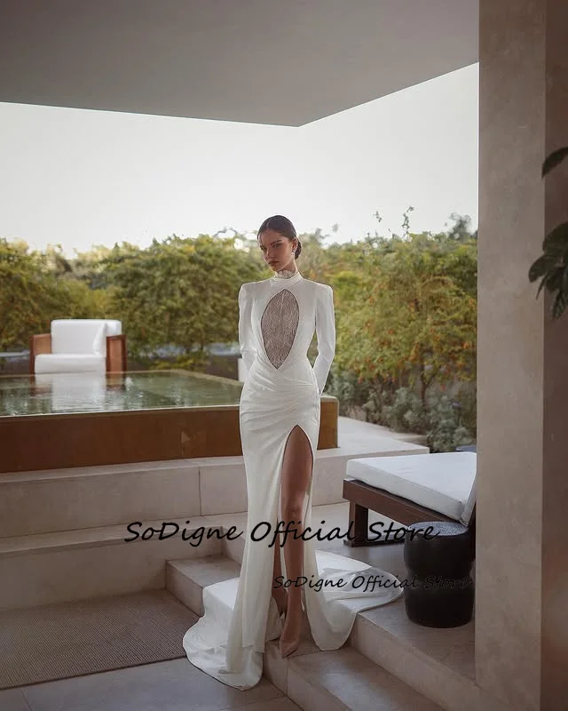 SoDigne Mermaid Wedding Dresses High Neck Full Sleeves Satin/Lace Bridal Dress Long Wedding Gown Robe De Mairee Customized 12 Sa1b03dfc49df4e828dde57b2171f7548I