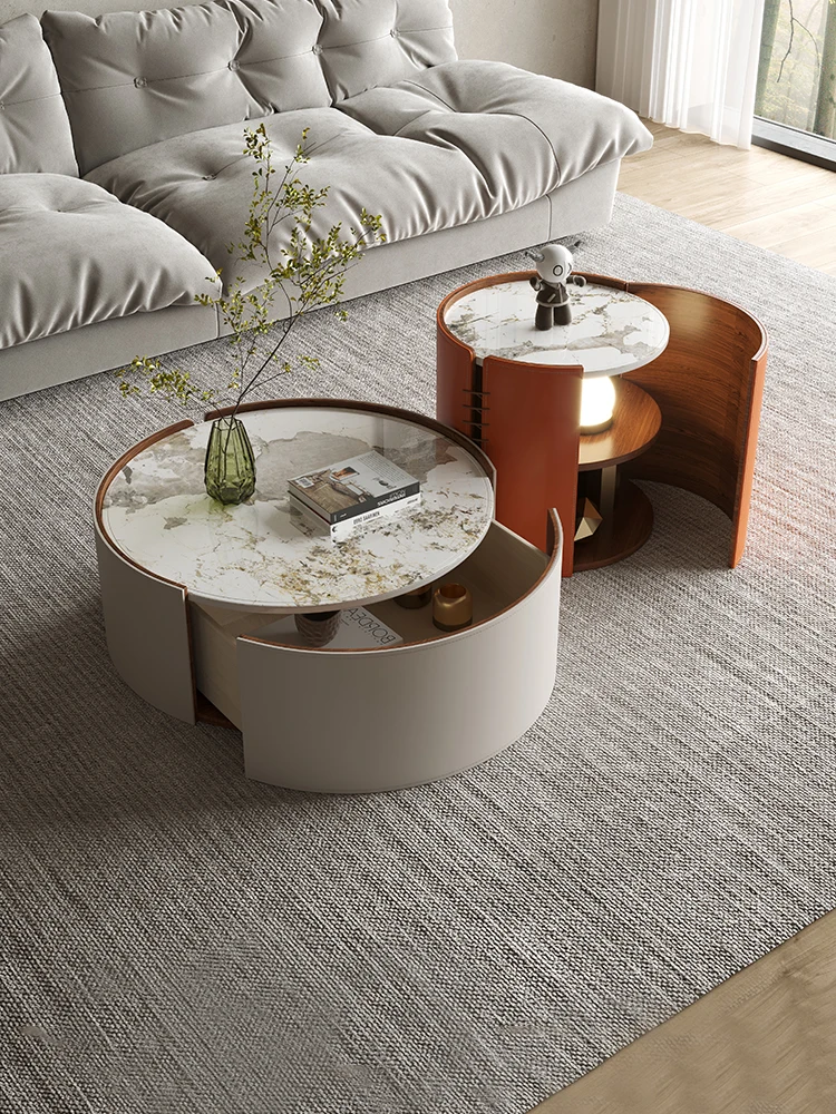 

Modern Light Luxury round Tea Table Small Apartment Storage Nordic Tea Table Light Stone Plate