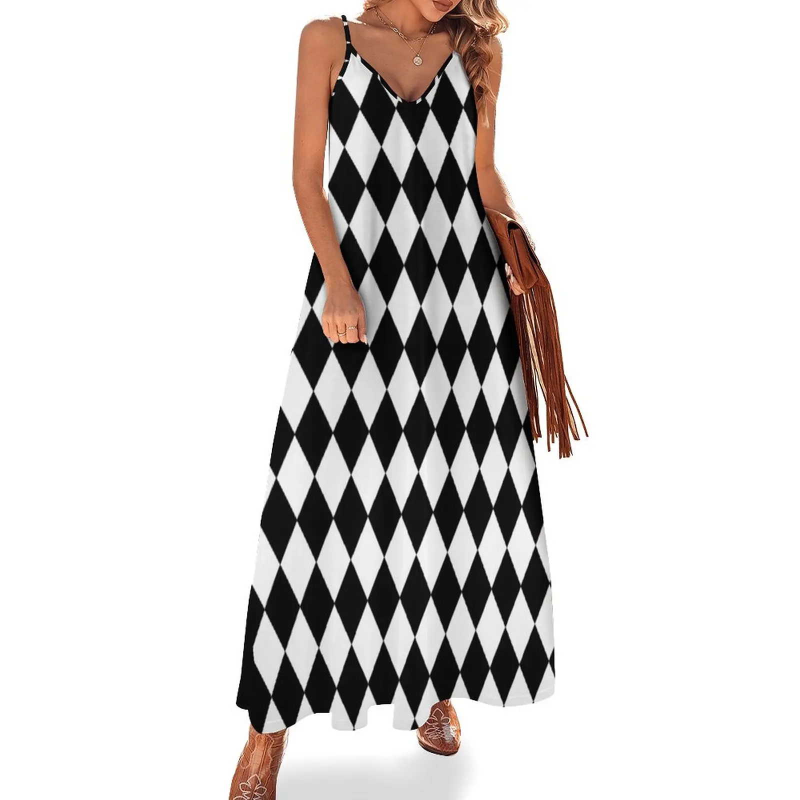 

Black and White Harlequin Pattern Sleeveless Dress Women's long dress women's fashion dresses