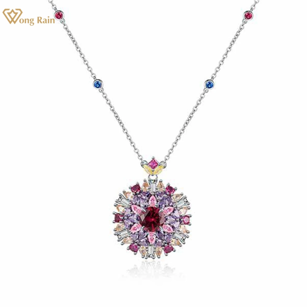 

Wong Rain 100% 925 Sterling Silver 8MM 2CT Round Cut Ruby High Carbon Diamond Gemstone Flower Pendant Necklace Fine Jewelry Gift