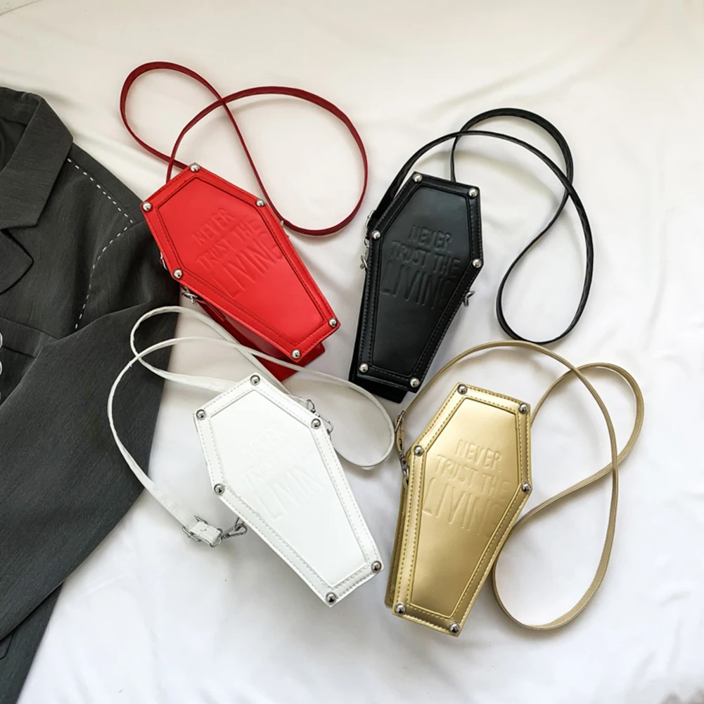 Gothic Coffin Shape Bag for Women Cell Phone Shoulder Bag PU Leather Crossbody Bag for Halloween Cosplay Make Up Cosmetic Bag