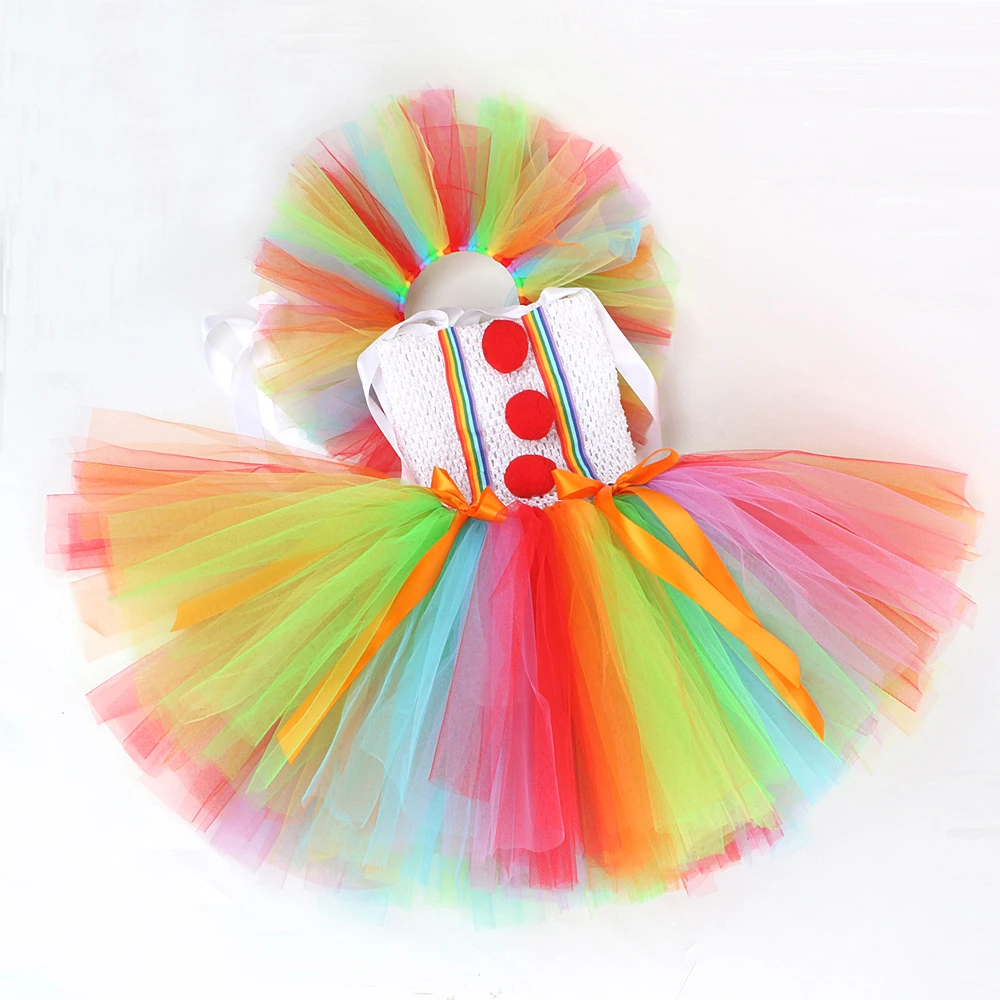 Rainbow Pennywise Clown Costumes for Girls Circus Clown Halloween Tutu Dress for Kids Joker Outfit Children New Years Clothes girls dress kids clothes