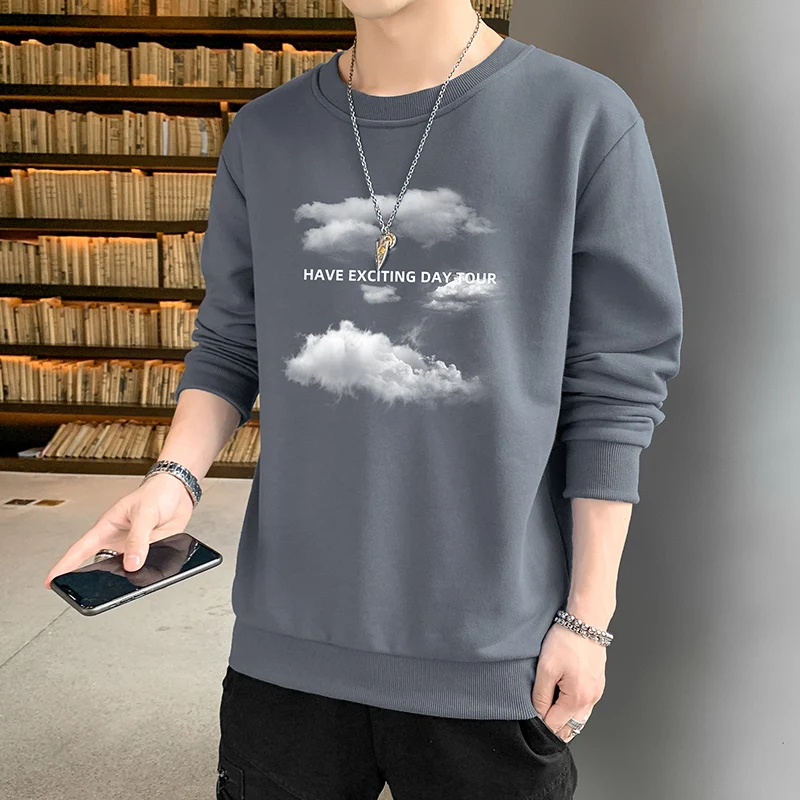 2024 Men's Autumn Round Neck Printed Long Sleeved T-shirt Spring Loose Commuter Casual Versatile Comfortable Pullover Sweater