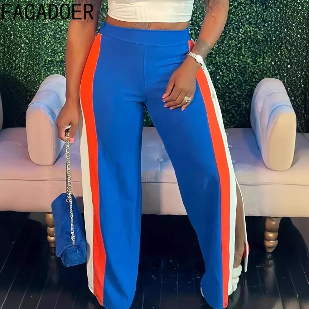 

FAGADOER Casual Color Splicing Side Slit Botton Wide Leg Pants Women High Waist Loose Straight Trousers Female Matching Bottoms