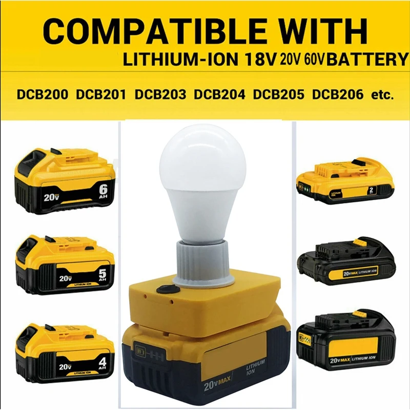 SCLS Portable E27 Bulb LED Light For Dewalt 18V 20V DCB Series Lithium Battery DCB180 DCB182 DCB200 DCB606 DCB609