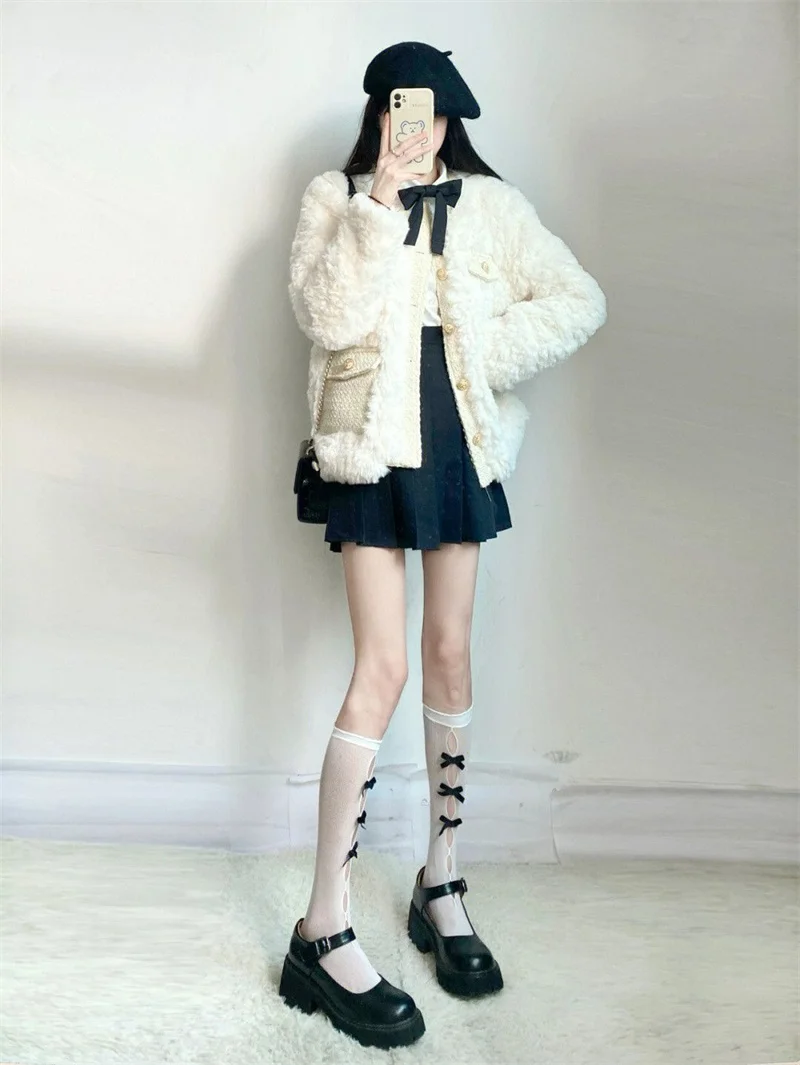 Autumn Winter Lamb Wool Coat Women's New Small Fragrance Round Neck Environmental Protection Fur Rabbit Fur Down Korean Version