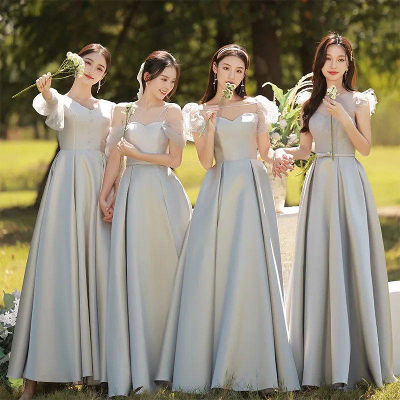 

Bridesmaid Dresses Deep V-Neck Lace Up A-Line Simple Elegant Full Sleeves Pleat Floor-Length Satin Lady Formal Party Gown E1237