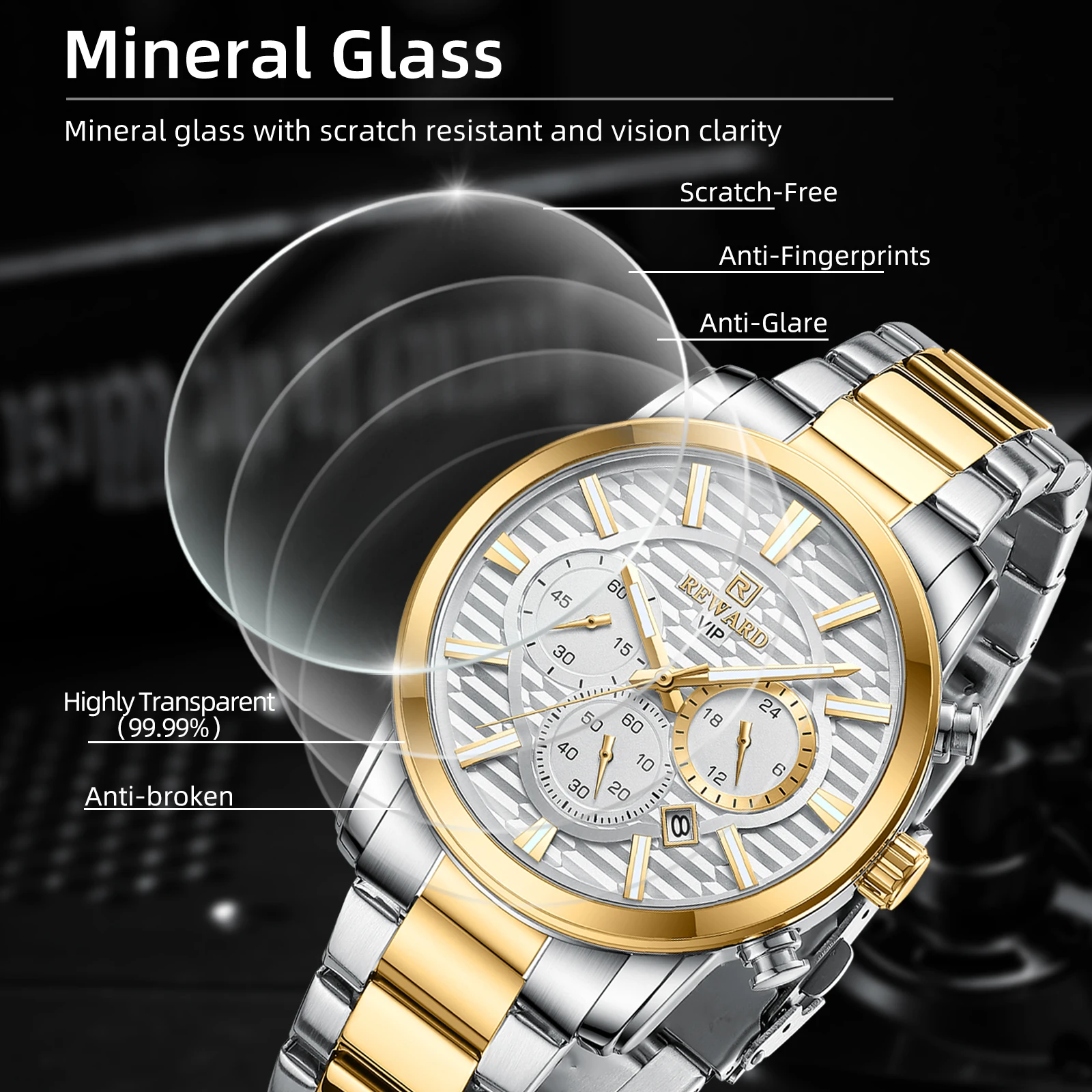 REWARD VIP New Design Luxury Quartz Watches for Men Chronograph Luminous Waterproof Date Stainless Steel Sport Men's Wristwatch