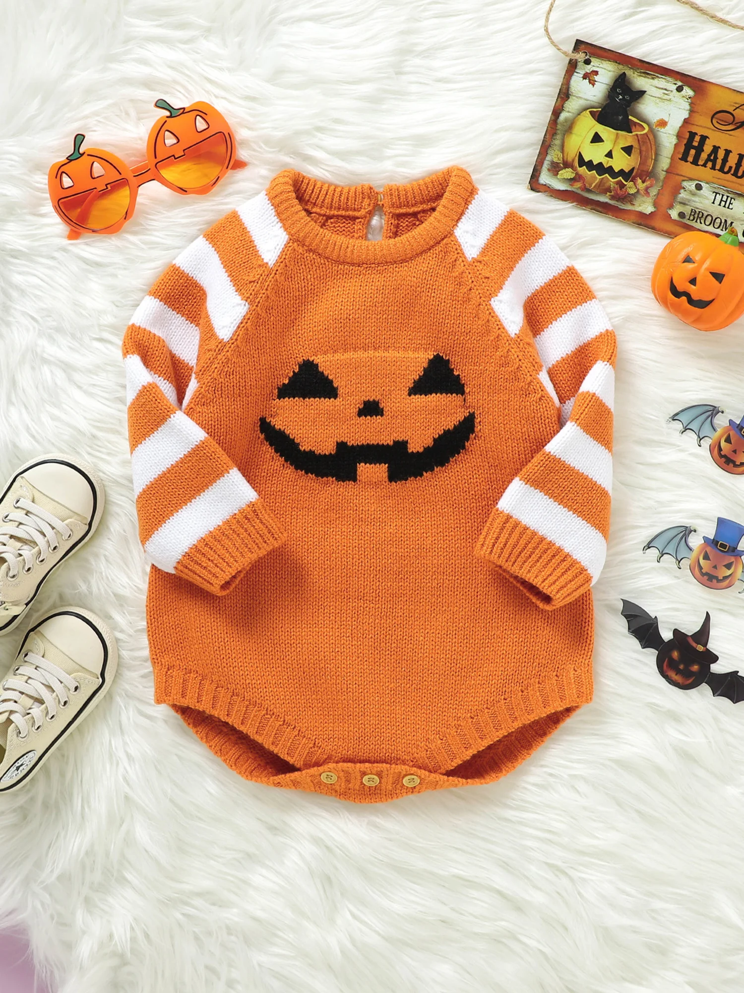 

Cute Infant Halloween Costume Unisex Pumpkin Knit Romper Suspender Jumpsuit Autumn Cozy Sweater Outfit