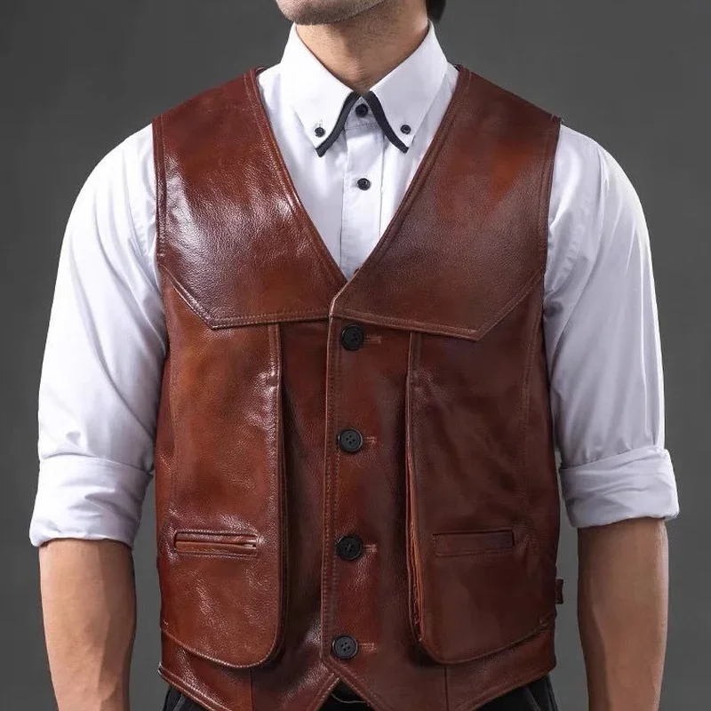 

Men's Genuine Leather Vest Top Layer Cowhide Multiple Pockets Middle-aged and Elderly Slim Plus Size Retro