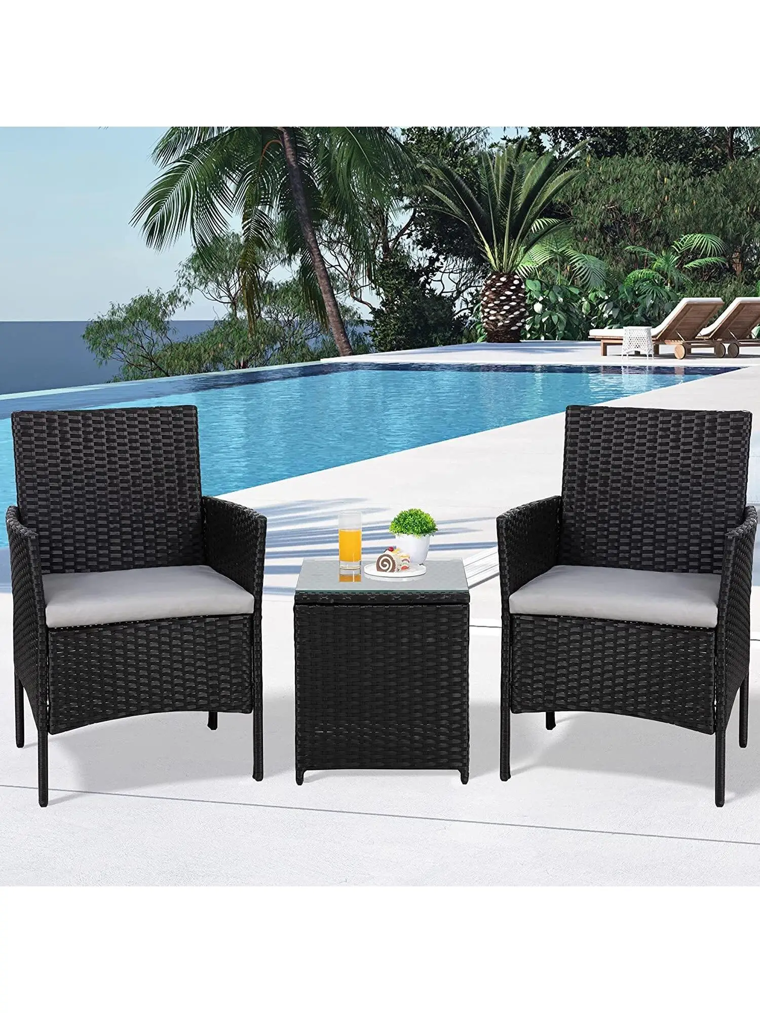 3 Pieces Outdoor Patio Furniture Set Conversation Sets PE Rattan Wicker Chairs with Table Outdoor Garden Furniture Sets vineego zero gravity chair set of 2 camp reclining lounge chairs outdoor lounge patio chair with adjustable pillow 2 pack